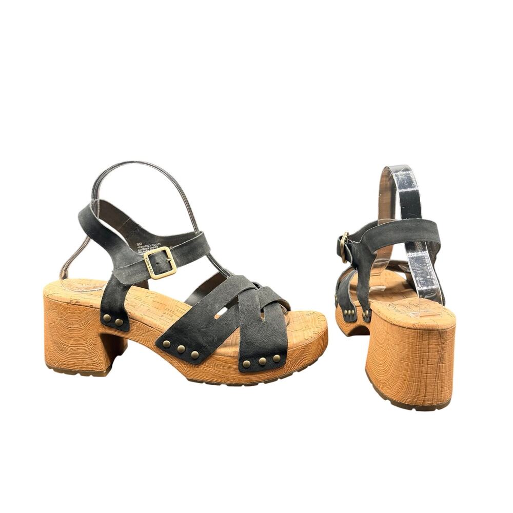 Kork-Ease Black Leather Platform Heeled Sandals Size 9M